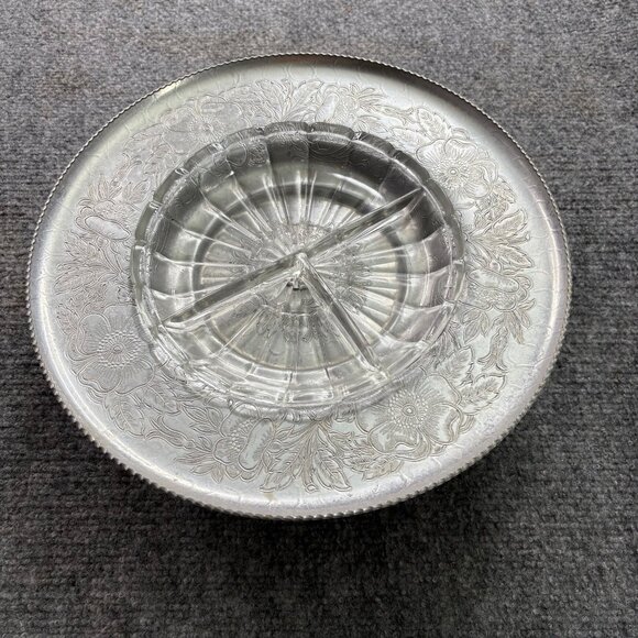 Vintage Lazy Susan Serving Tray Divided Glass Insert Floral Scroll Aluminum‎ 60s - Picture 1 of 14